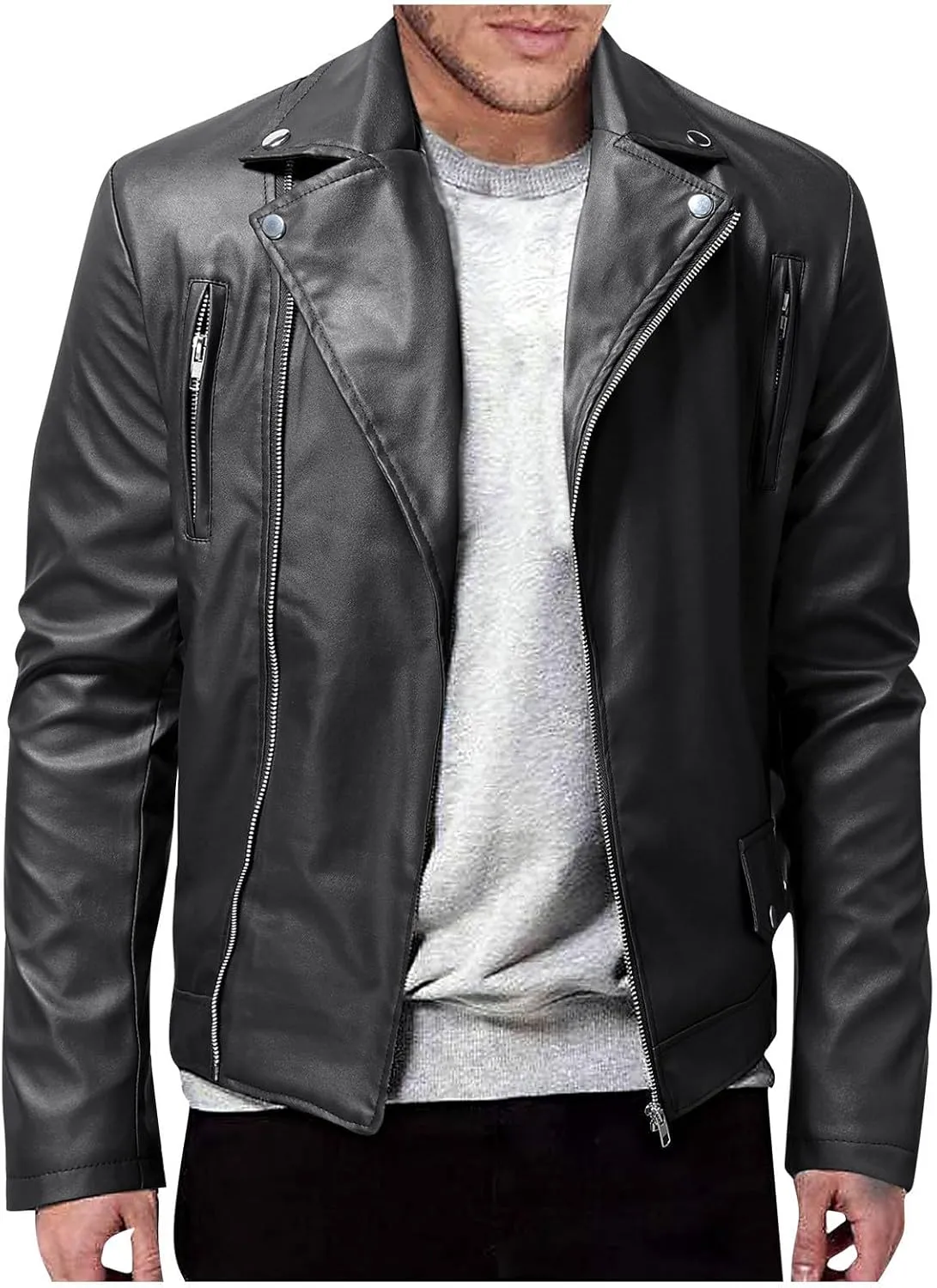 Men's Faux Leather Jacket Stand Collar Motorcycle Leather Jackets Casual Lightweight Zip Up Biker Coat