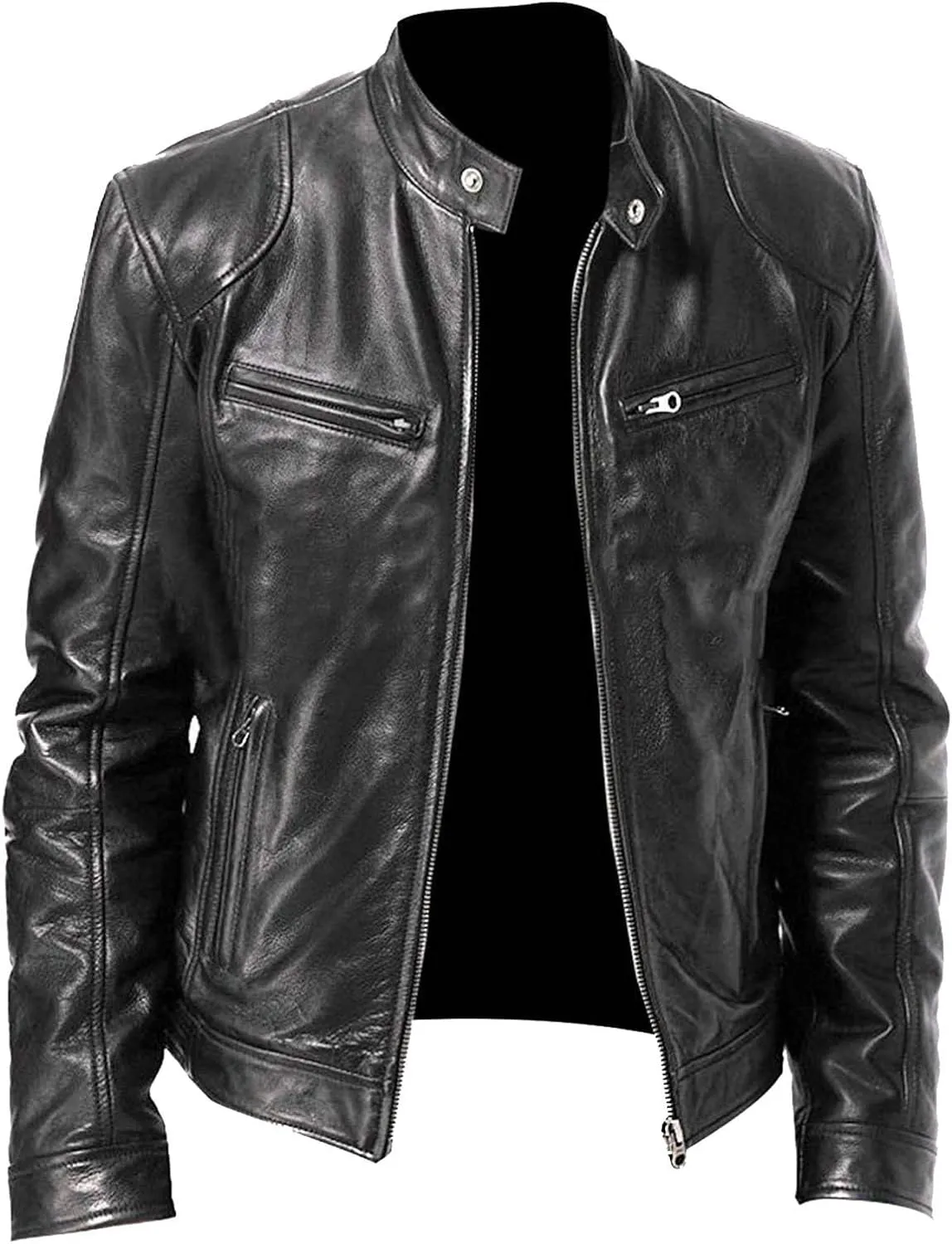 Men's Faux Leather Jacket Stand Collar Motorcycle Leather Jackets Casual Lightweight Zip Up Biker Coat