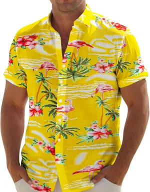Men's Flamingo Hawaiian Shirt  Tropical Button Down Short Sleeve Shirt, Beach Vacation Aloha Shirt for Summer Party