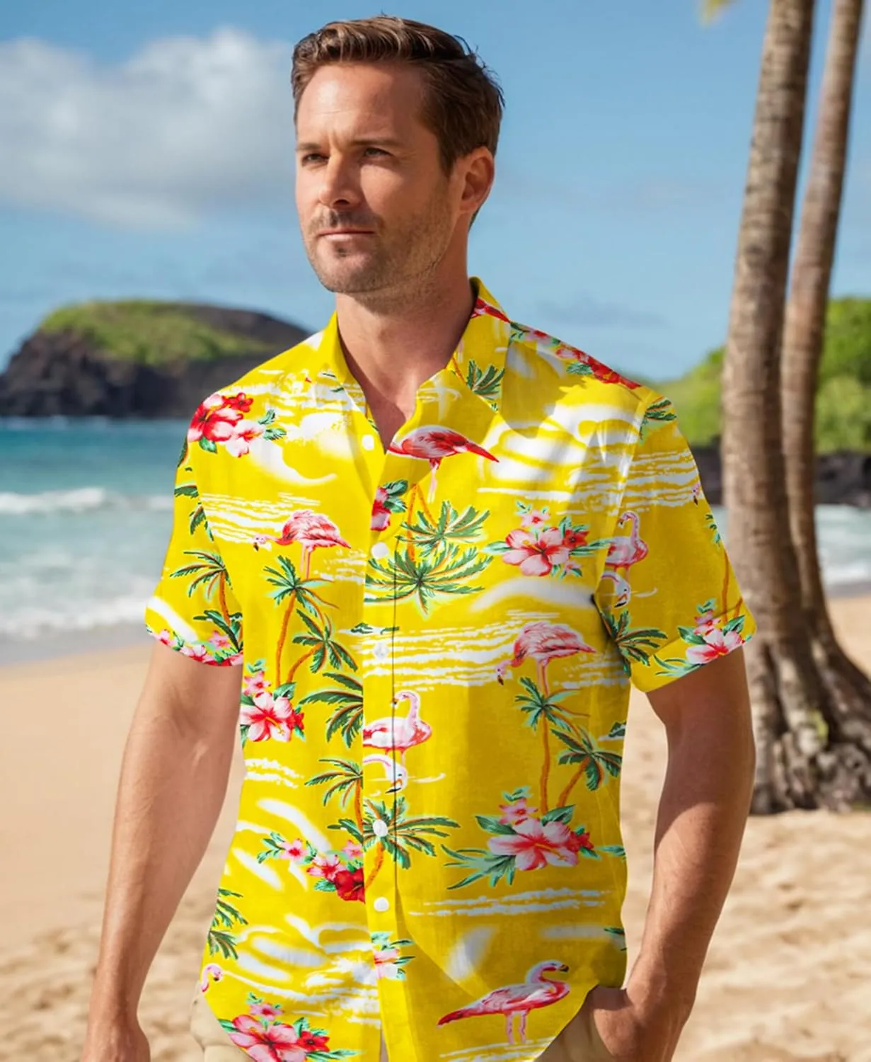 Men's Flamingo Hawaiian Shirt  Tropical Button Down Short Sleeve Shirt, Beach Vacation Aloha Shirt for Summer Party