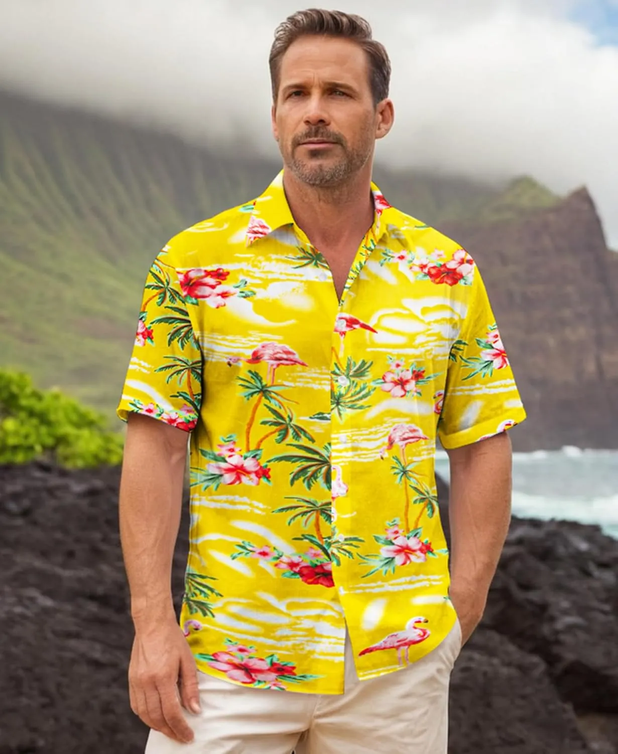 Men's Flamingo Hawaiian Shirt  Tropical Button Down Short Sleeve Shirt, Beach Vacation Aloha Shirt for Summer Party
