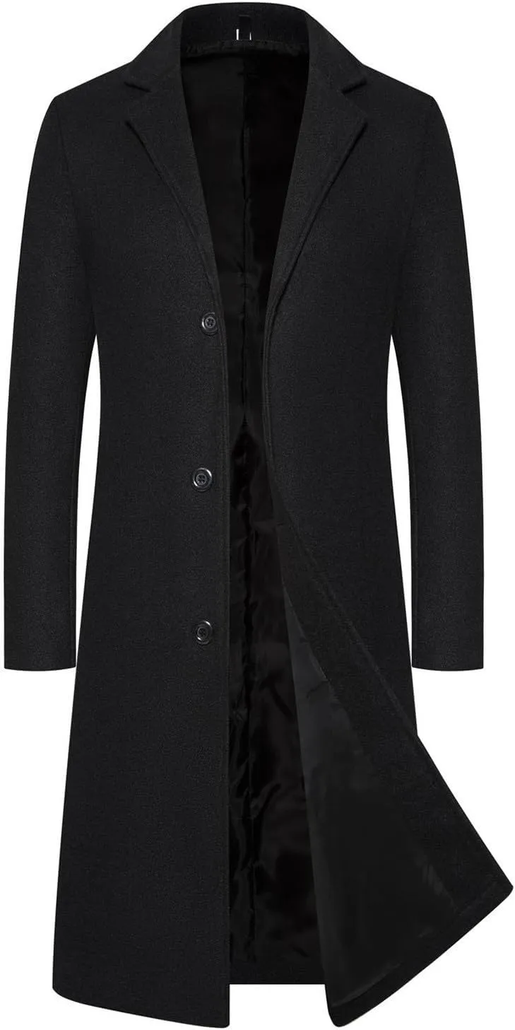 Mens Full Length Winter Trench Coat Double Breasted Wool Warm Long Windbreaker Notch Lapel Solid Overcoat Peacoat