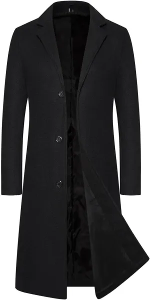 Mens Full Length Winter Trench Coat Double Breasted Wool Warm Long Windbreaker Notch Lapel Solid Overcoat Peacoat