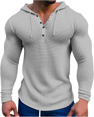 Mens Hoodies Casual Long Sleeve Drawstring Waffle Knit Hooded Sweatshirt Muscle Fit T Shirts Gym Workout Pullover Tops
