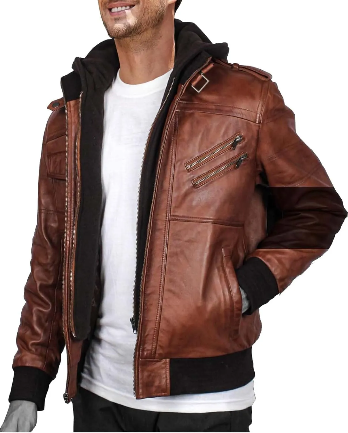 Mens leather jacket Geniune motorcycle Fashion jacket men with removable hood leather jacket for man Leather jacket.