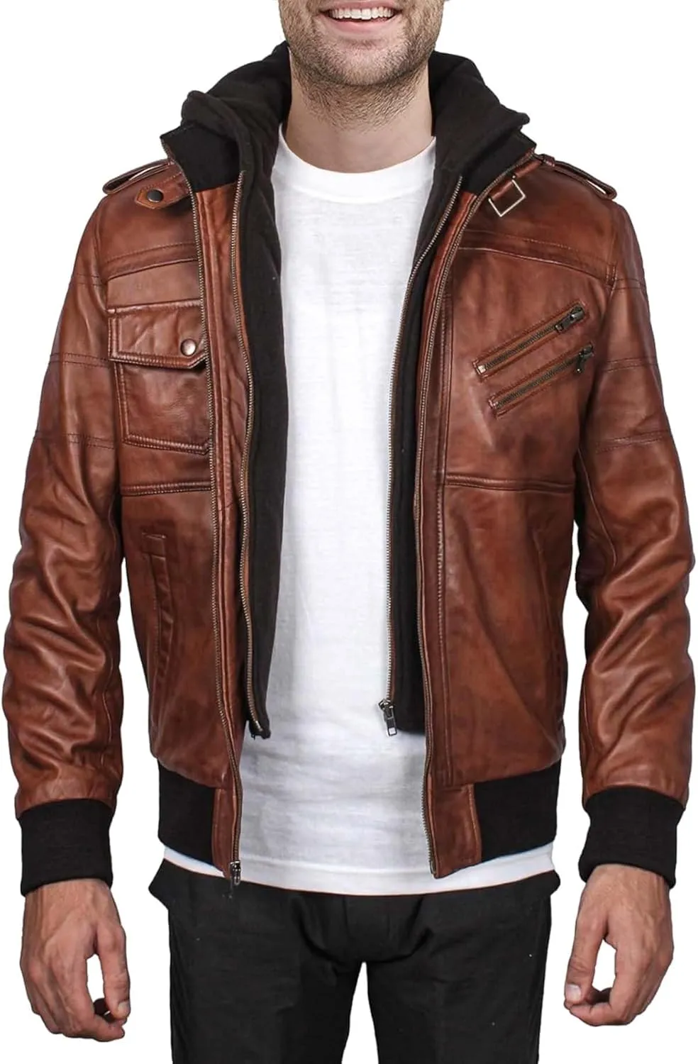 Mens leather jacket Geniune motorcycle Fashion jacket men with removable hood leather jacket for man Leather jacket.