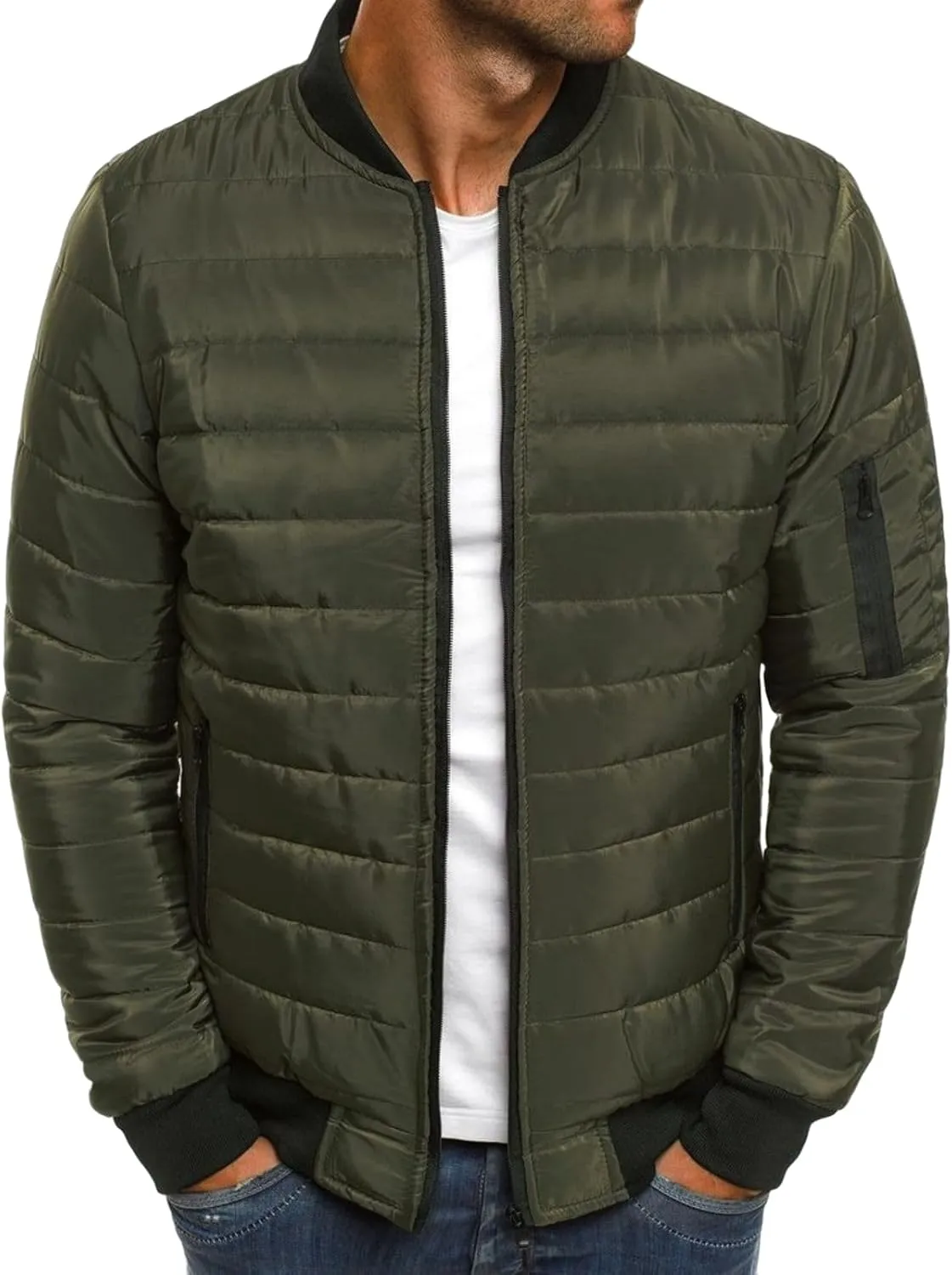 Men's Lightweight Jacket Arm Zipper Jacket with Pocket Winter Warm Plaid Cotton-Padded Coats Windproof Outdoor