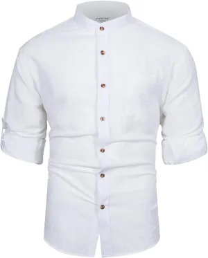 Mens Long Sleeve Cotton Linen Shirt Button Down Beach Band Collar Casual Shirt Button Up Summer Shirt Tops with Pocket