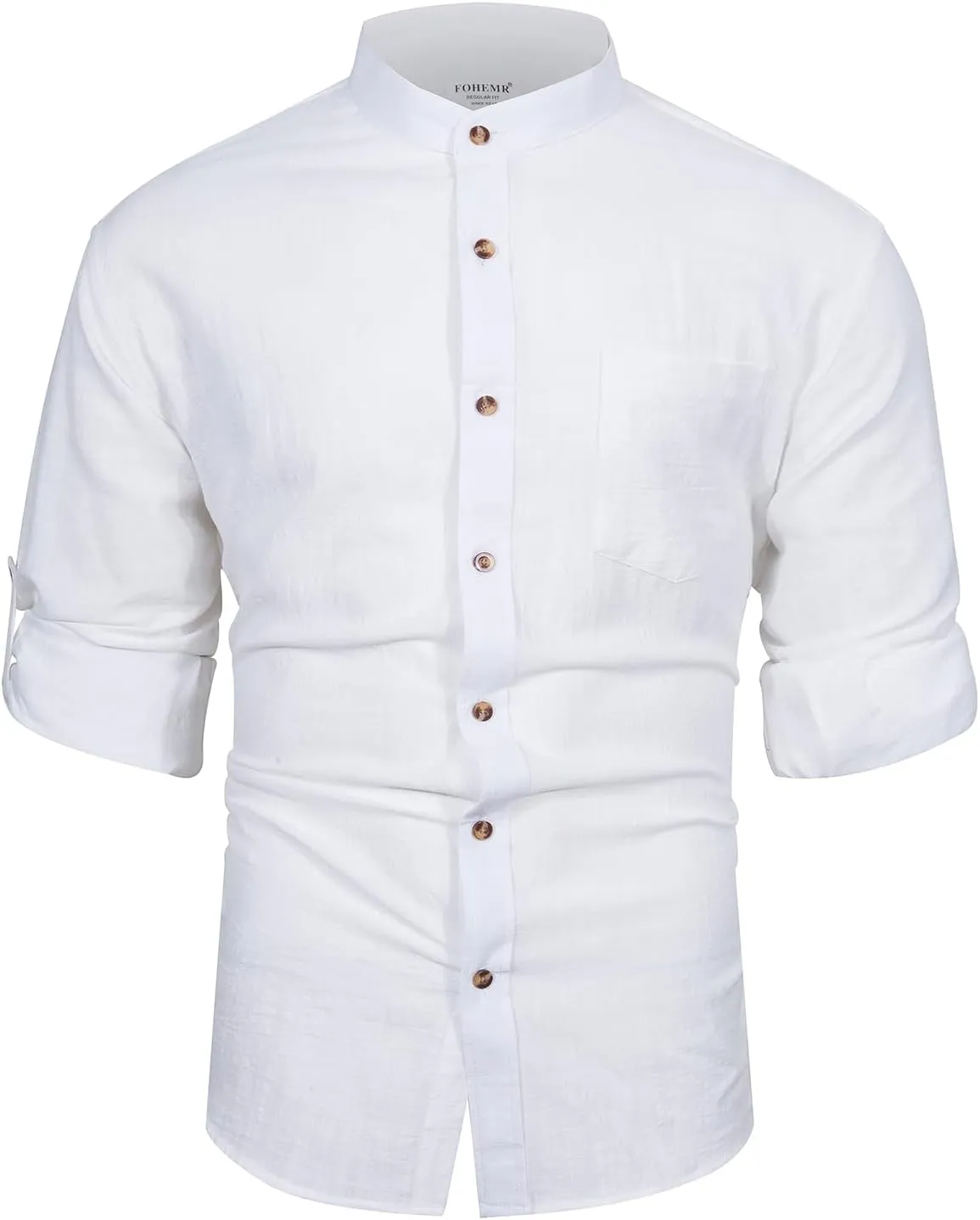 Mens Long Sleeve Cotton Linen Shirt Button Down Beach Band Collar Casual Shirt Button Up Summer Shirt Tops with Pocket