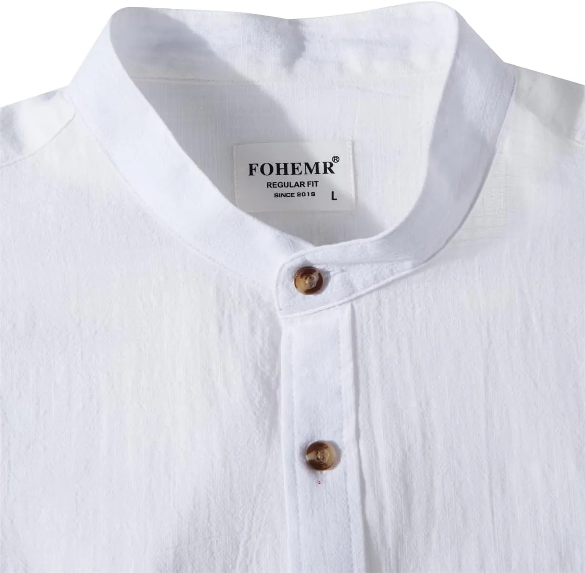 Mens Long Sleeve Cotton Linen Shirt Button Down Beach Band Collar Casual Shirt Button Up Summer Shirt Tops with Pocket