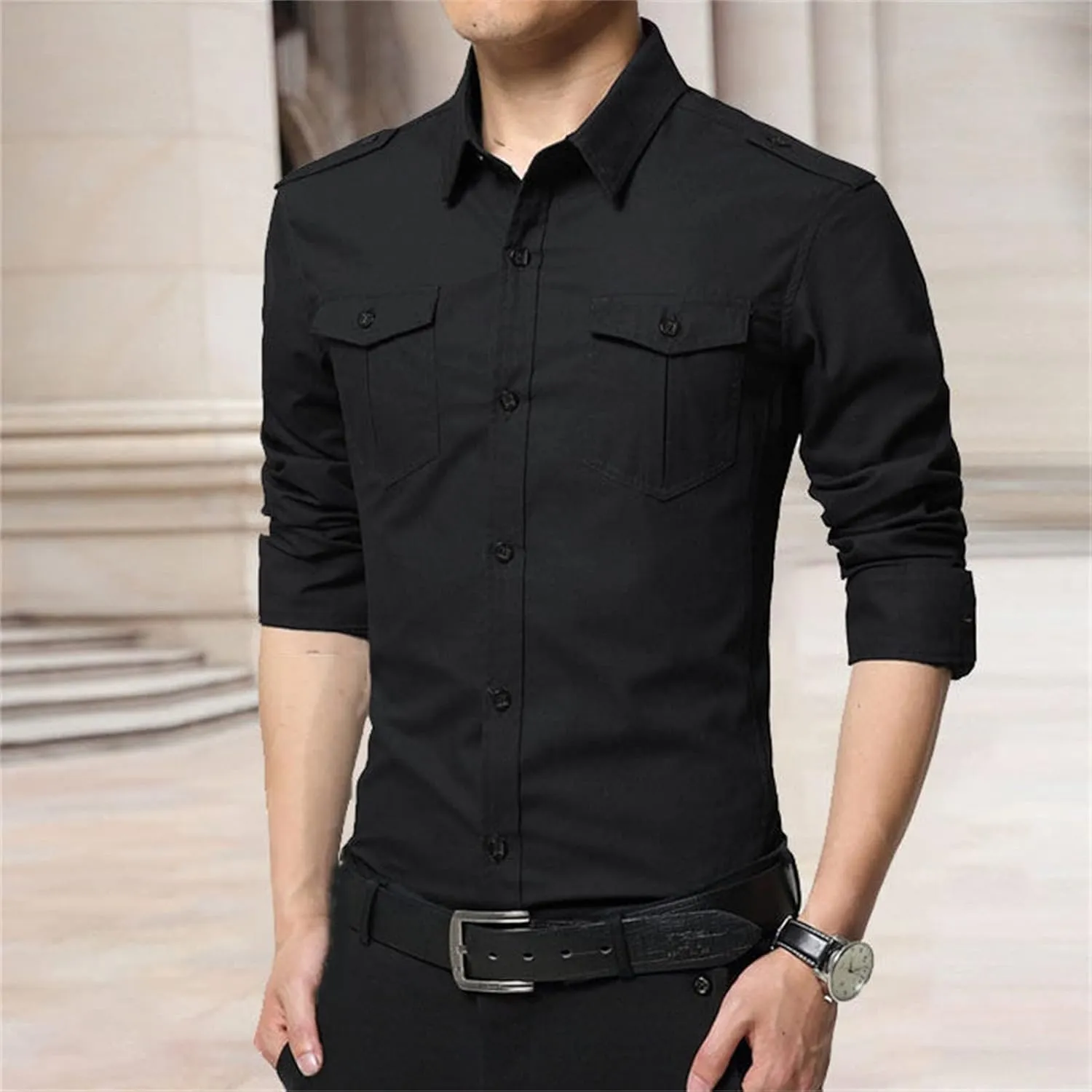 Men's Military Style Double Pocket Shirt Tactical Cargo Casual Slim Fit Shirt Work Shirt Hiking Fishing Shirts