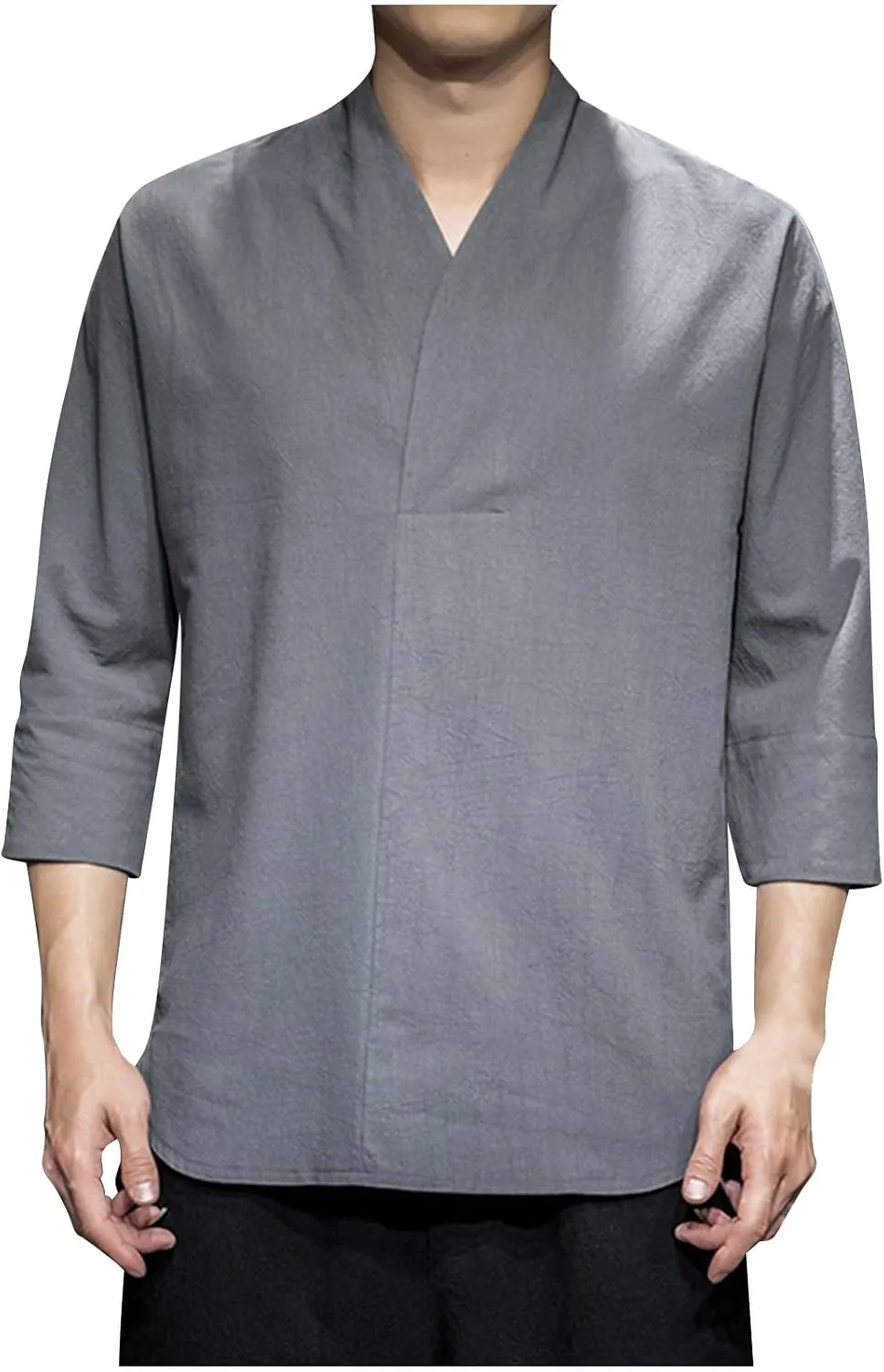 Men's Monk Buddhist Outfit T-Shirt V-Neck Plain Cotton Linen 3/4 Sleeve Shirts Big and Tall Beach Yoga Hipster Tops