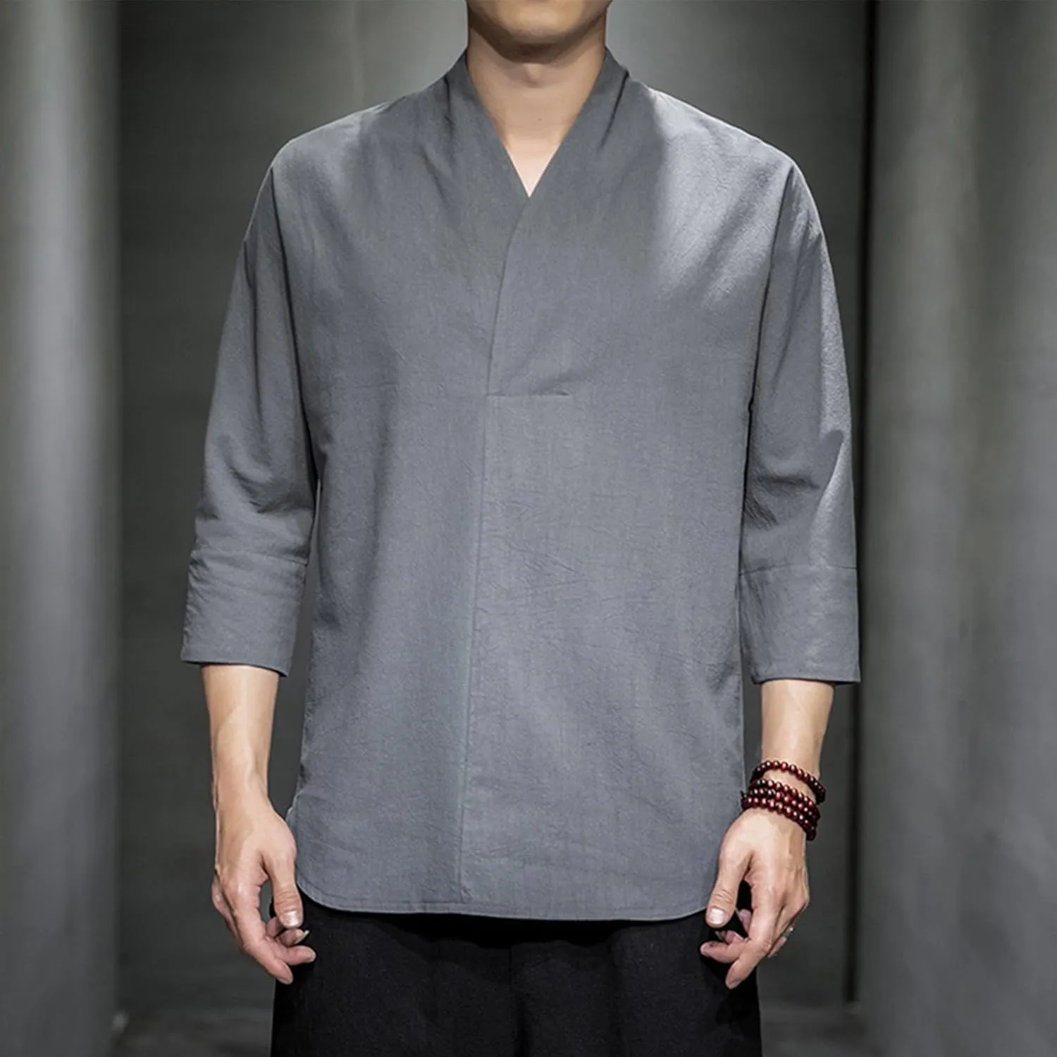 Men's Monk Buddhist Outfit T-Shirt V-Neck Plain Cotton Linen 3/4 Sleeve Shirts Big and Tall Beach Yoga Hipster Tops