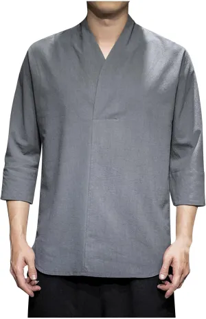 Men's Monk Buddhist Outfit T-Shirt V-Neck Plain Cotton Linen 3/4 Sleeve Shirts Big and Tall Beach Yoga Hipster Tops