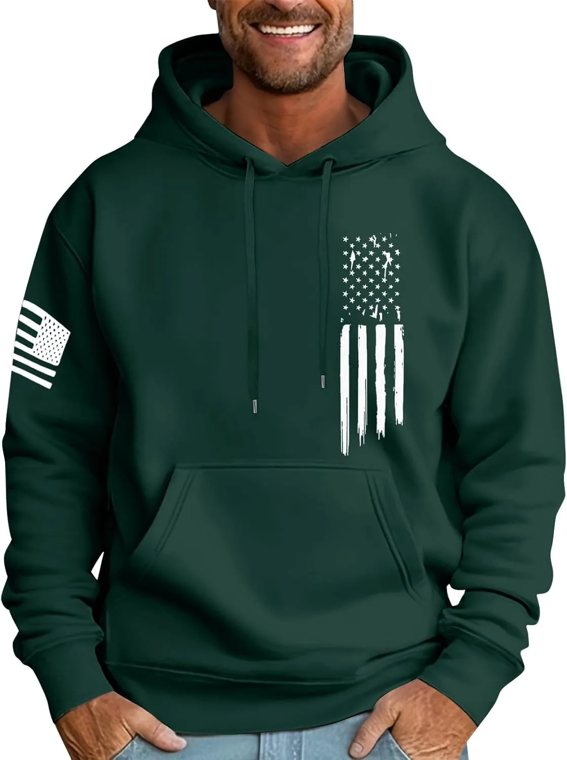 Mens Oversized Hoodie Flag Graphic Casual Plus Size Sweatshirt Fall Winter Long Sleeve Drawstring Hoodies with Pocket