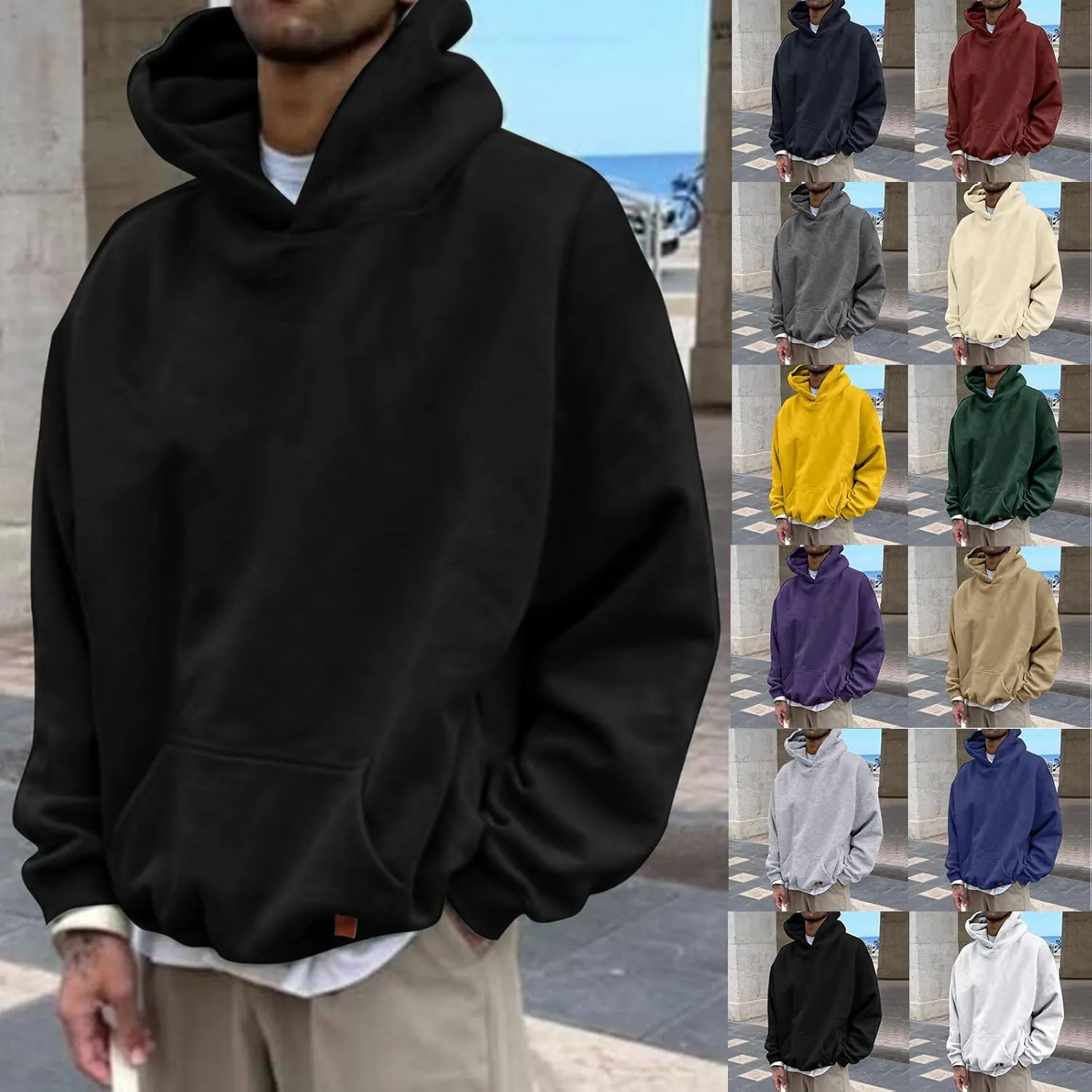 Mens Oversized Hoodies Pullover Solid Vintage Long Sleeve Sweatshirt Heavyweight Baggy Streetwear Top Athletic