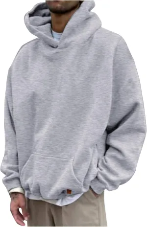 Mens Oversized Hoodies Pullover Solid Vintage Long Sleeve Sweatshirt Heavyweight Baggy Streetwear Top Athletic