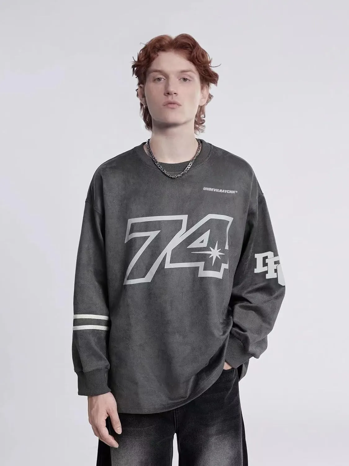 Mens Oversized Sweatshirt Letter Print Vintage Crewneck Long Sleeve Loose Graphic Pullover Tops Unisex Streetwear