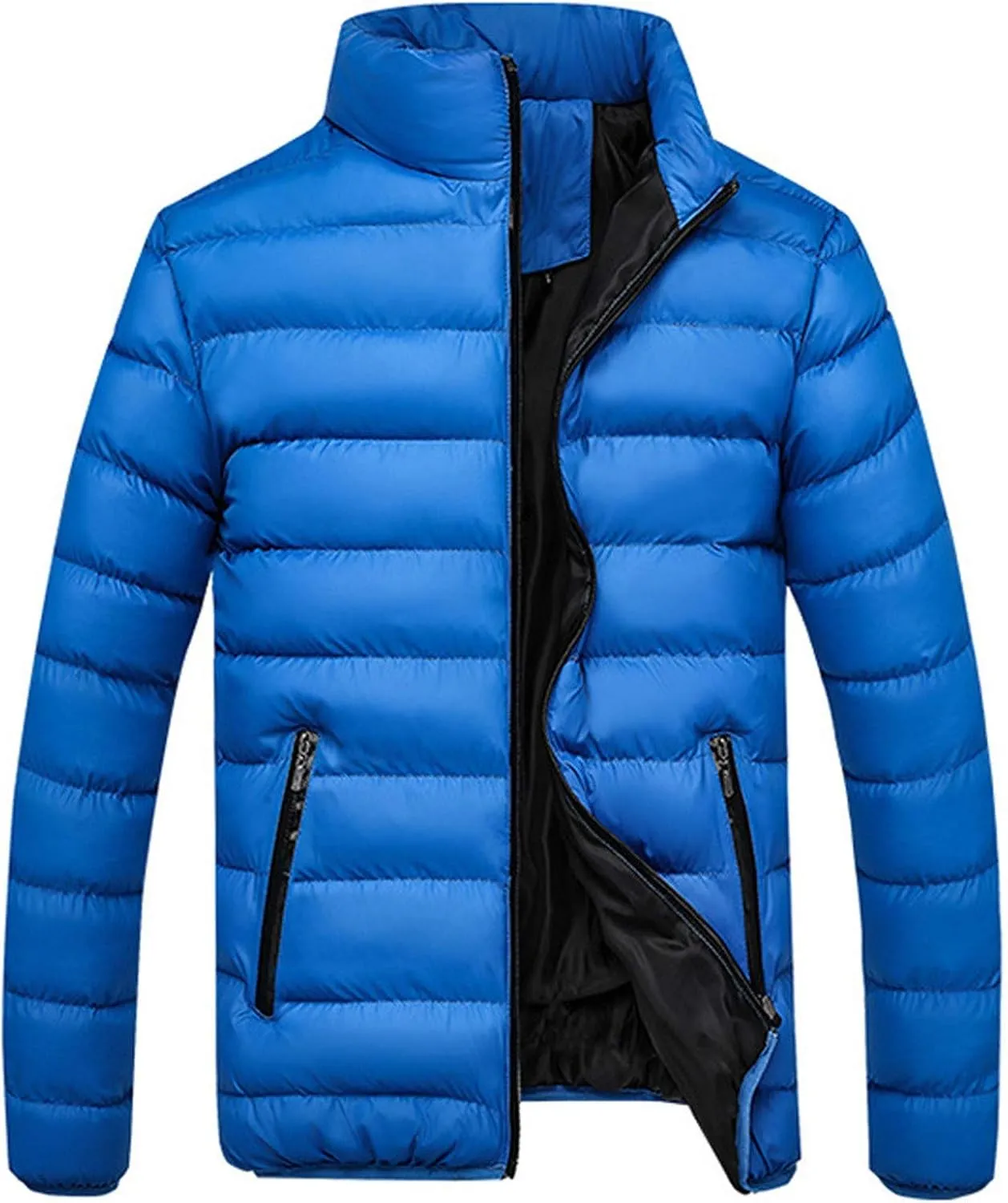 Mens Puffer Jacket No Hood Winter Casual Thermal Quilted Outerwear Coat Lightweight Solid Color Down Jacket