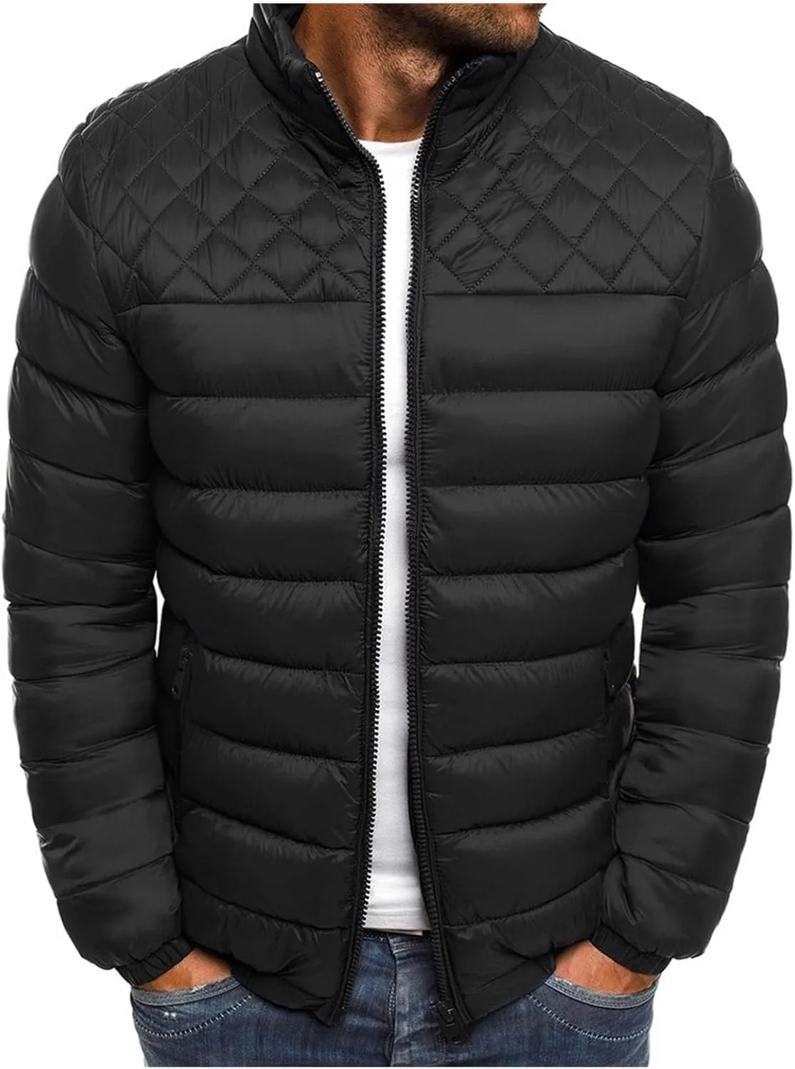 Men's Puffer Quilted Jacket Plus Size Standup Collar Casual Thicken Coat Winter Warm Cotton-Padded Coats Outdoor