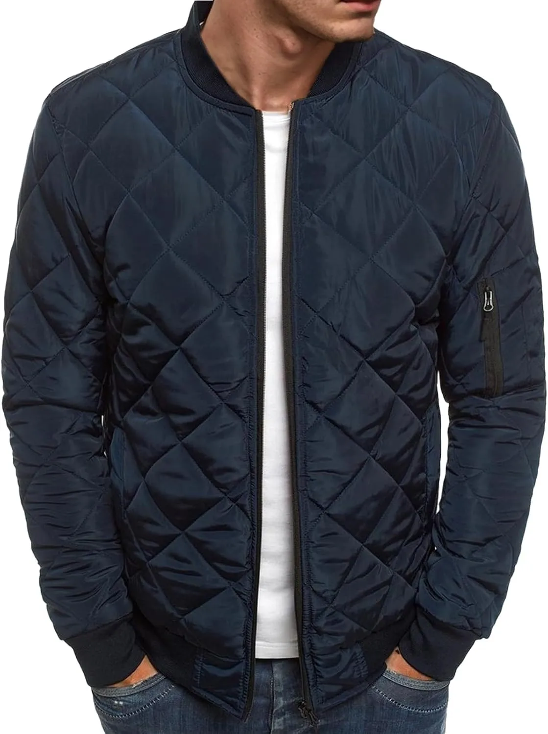 Men's Rhombic Cotton-Padded Jacket Solid Color Loose Jacket Arm Zipper Coat Warm Autumn Winter