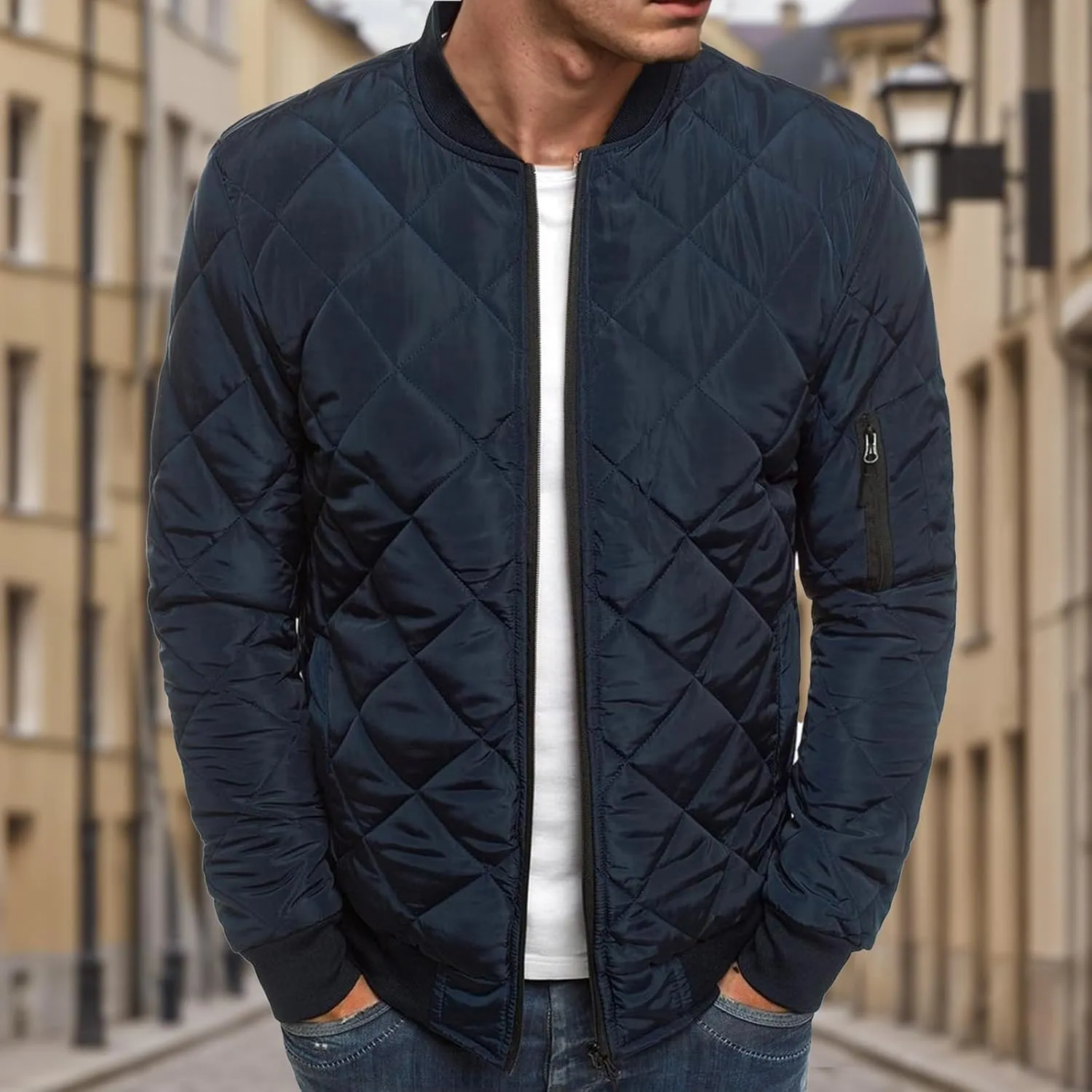 Men's Rhombic Cotton-Padded Jacket Solid Color Loose Jacket Arm Zipper Coat Warm Autumn Winter