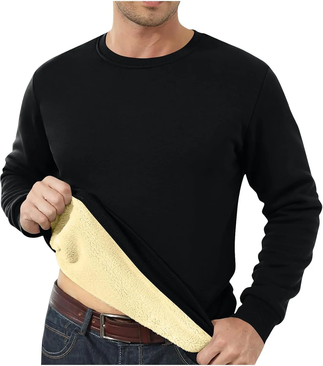 Mens Sherpa Lined Sweatshirt Basic Winter Fleece Warm Thick Pullover Top Casual Fashion Long Sleeve Crewneck Sweaters