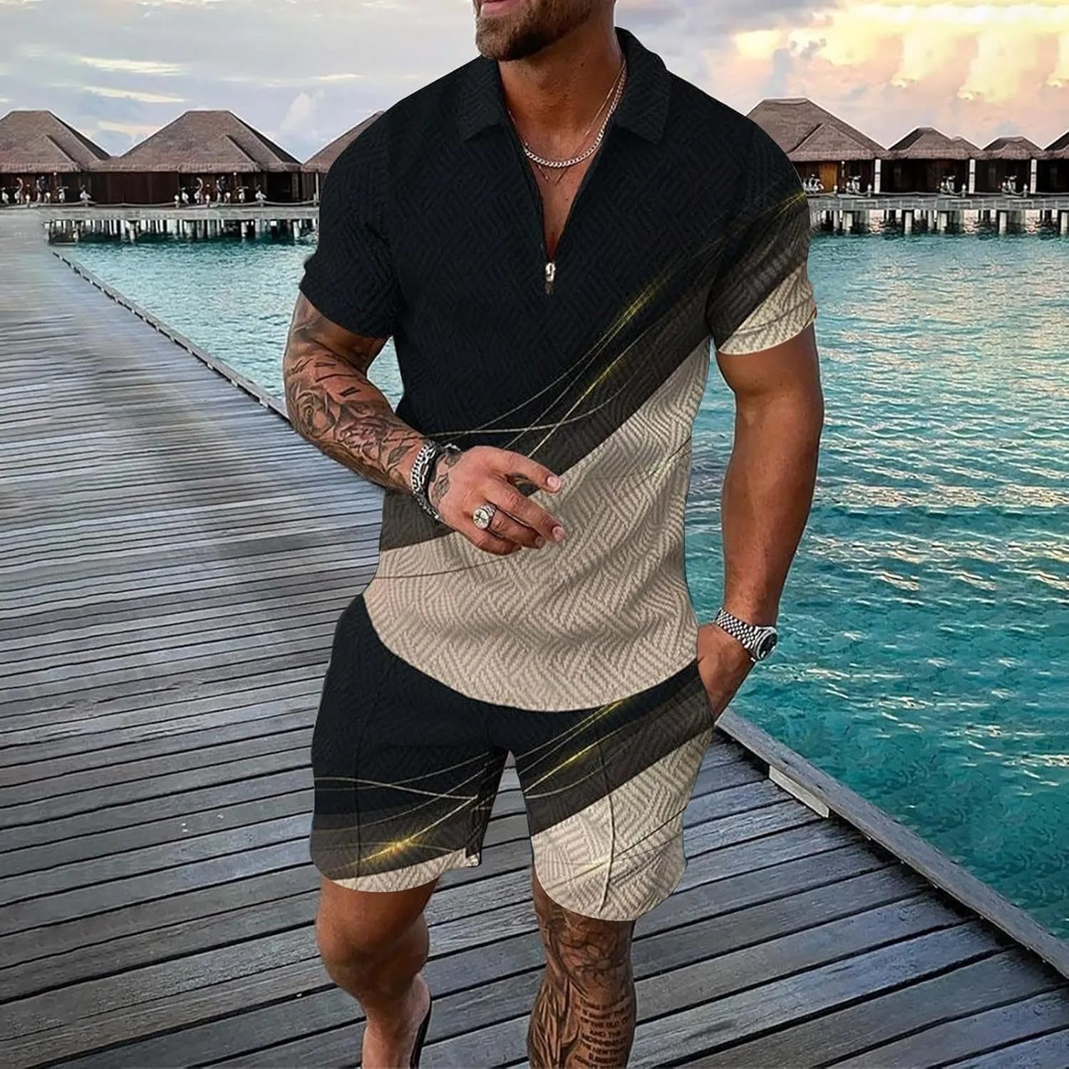 Mens Short Sets 2 Piece Outfits Polo Shirt Hawaiian Summer Tracksuits Casual Set Short Sleeve and Shorts Set for Men