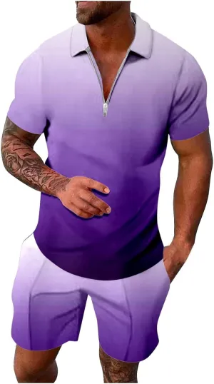 Men's Summer Beach Outfits 2 Piece Gradient Print 1/4 Zip Polo T-Shirts Shorts Oversize Running Tracksuit Set