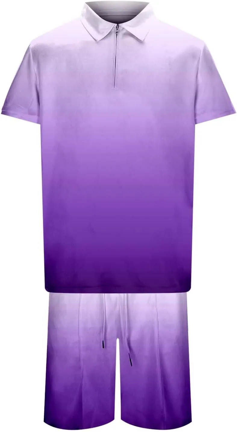Men's Summer Beach Outfits 2 Piece Gradient Print 1/4 Zip Polo T-Shirts Shorts Oversize Running Tracksuit Set