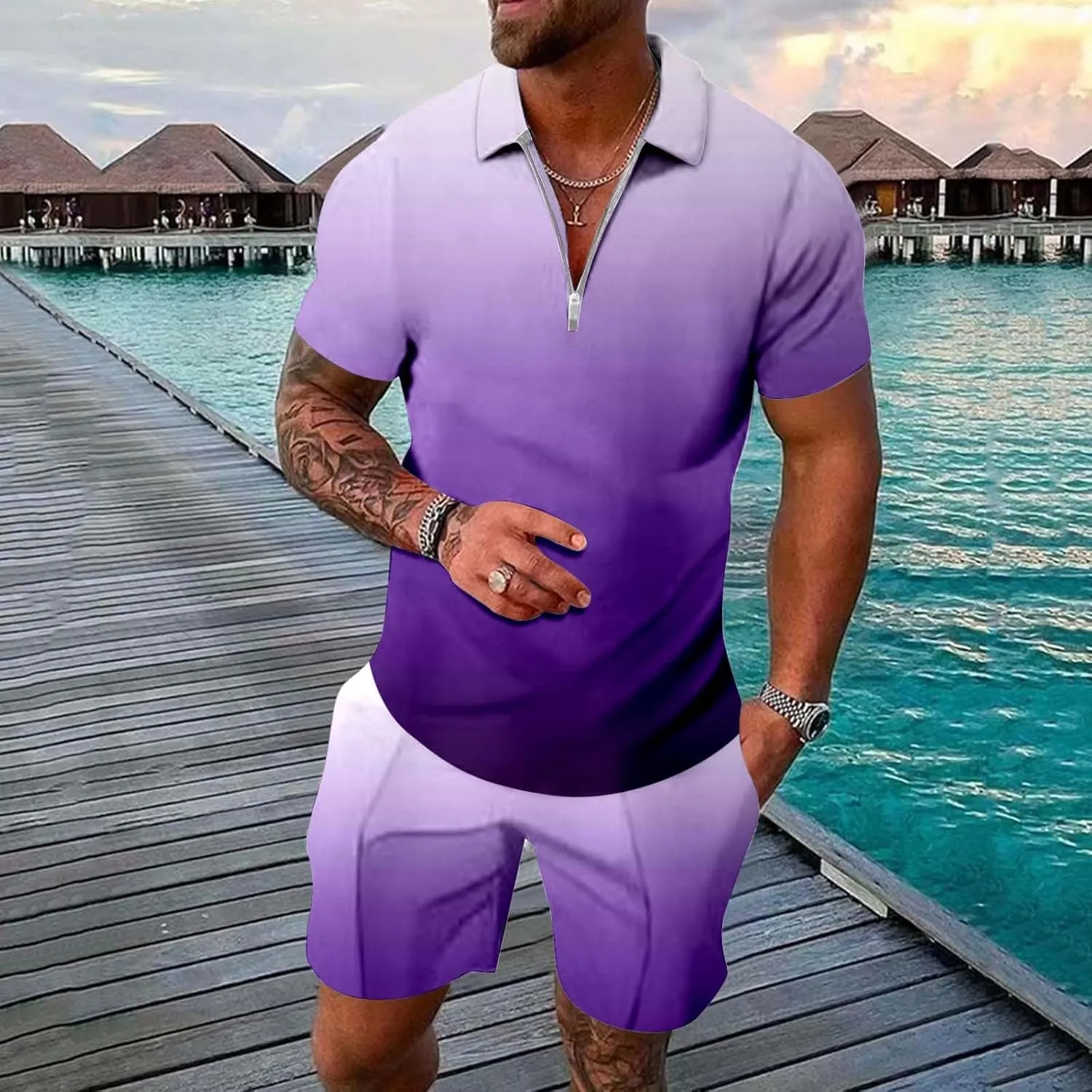 Men's Summer Beach Outfits 2 Piece Gradient Print 1/4 Zip Polo T-Shirts Shorts Oversize Running Tracksuit Set