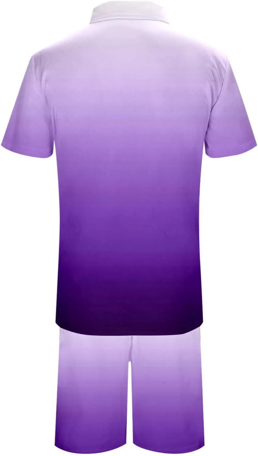Men's Summer Beach Outfits 2 Piece Gradient Print 1/4 Zip Polo T-Shirts Shorts Oversize Running Tracksuit Set
