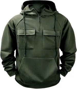 Men's Tactical Hoodies Solid Color Quarter Zip Sweatshirt Multi Pockets Jakcets Fleece Winter Warm Oversized Pullover