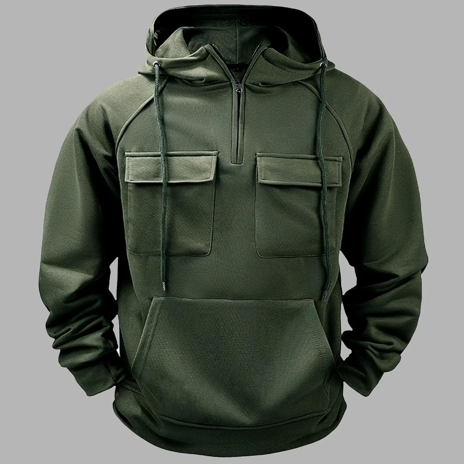 Men's Tactical Hoodies Solid Color Quarter Zip Sweatshirt Multi Pockets Jakcets Fleece Winter Warm Oversized Pullover