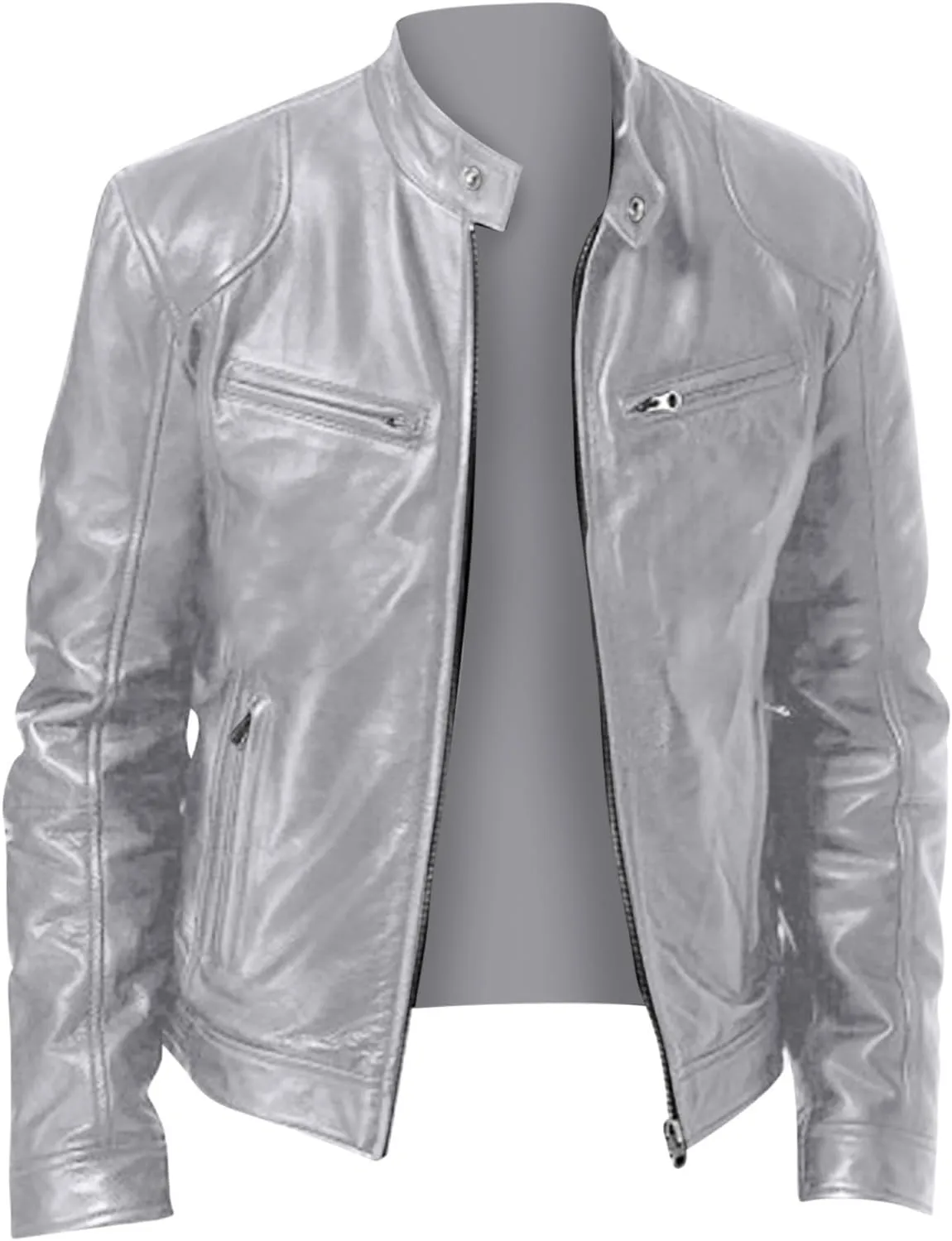Mens Vintage Leather Casual Jackets Full Zipper Stand Collar Flight Faux Leather Coats Motorcycle Biker Outerwear