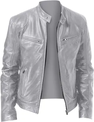 Mens Vintage Leather Casual Jackets Full Zipper Stand Collar Flight Faux Leather Coats Motorcycle Biker Outerwear
