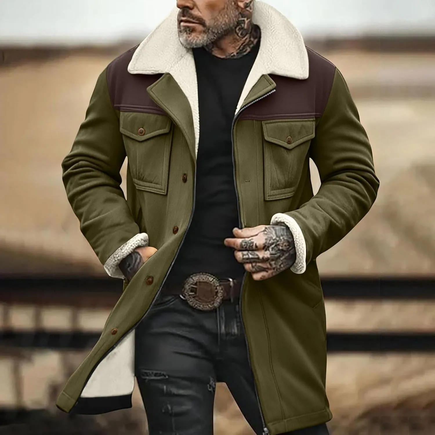 Mens Vintage Suede Pocket Plush Reversed Collar Outdoor Jacket Coat Retro Top Patchwork Suede Trench Coat Winter Biker Coats