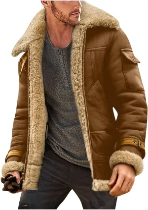 Mens Winter Jacket Faux Suede Aviator Bomber Jacket Warm Shearling Leather Coat Zip Up Vintage Motorcycle Coat for Men