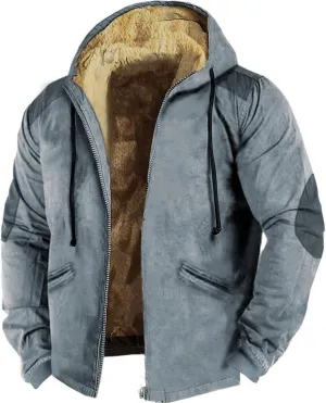 Mens Winter Jacket Printed Flag Hooded Brown Zipper Personalized Patch Casual Cotton Jacket Black Fleece