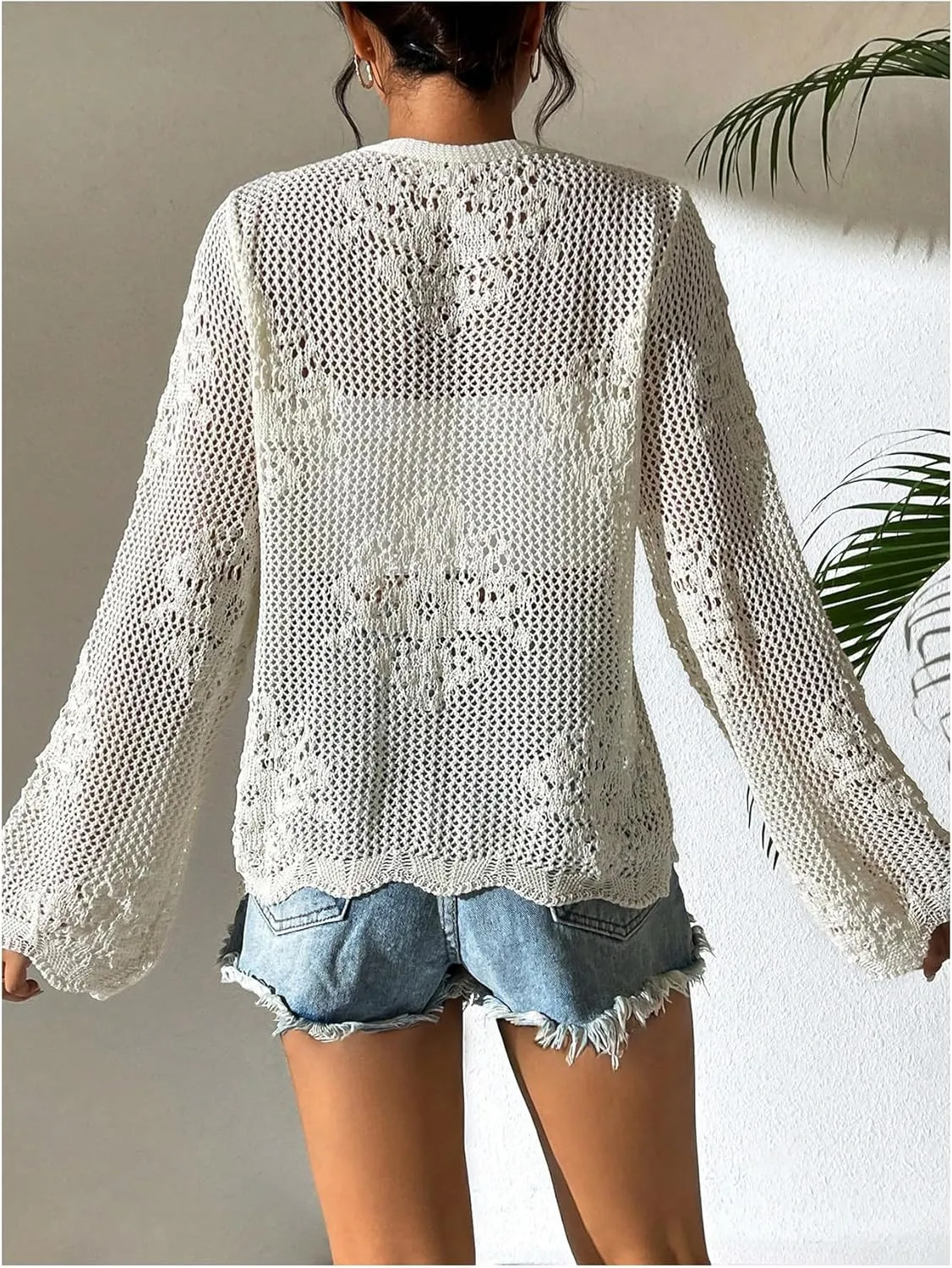 Milumia Women's Tie Front Hollow Out Crochet Light Weight Long Sleeve Cardigans
