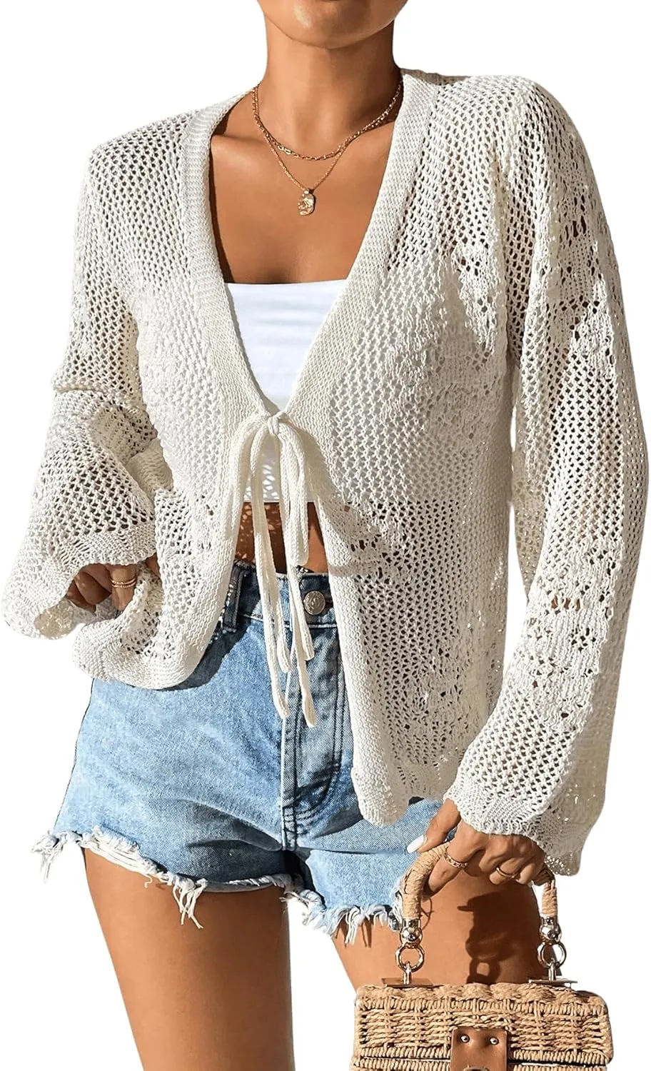 Milumia Women's Tie Front Hollow Out Crochet Light Weight Long Sleeve Cardigans