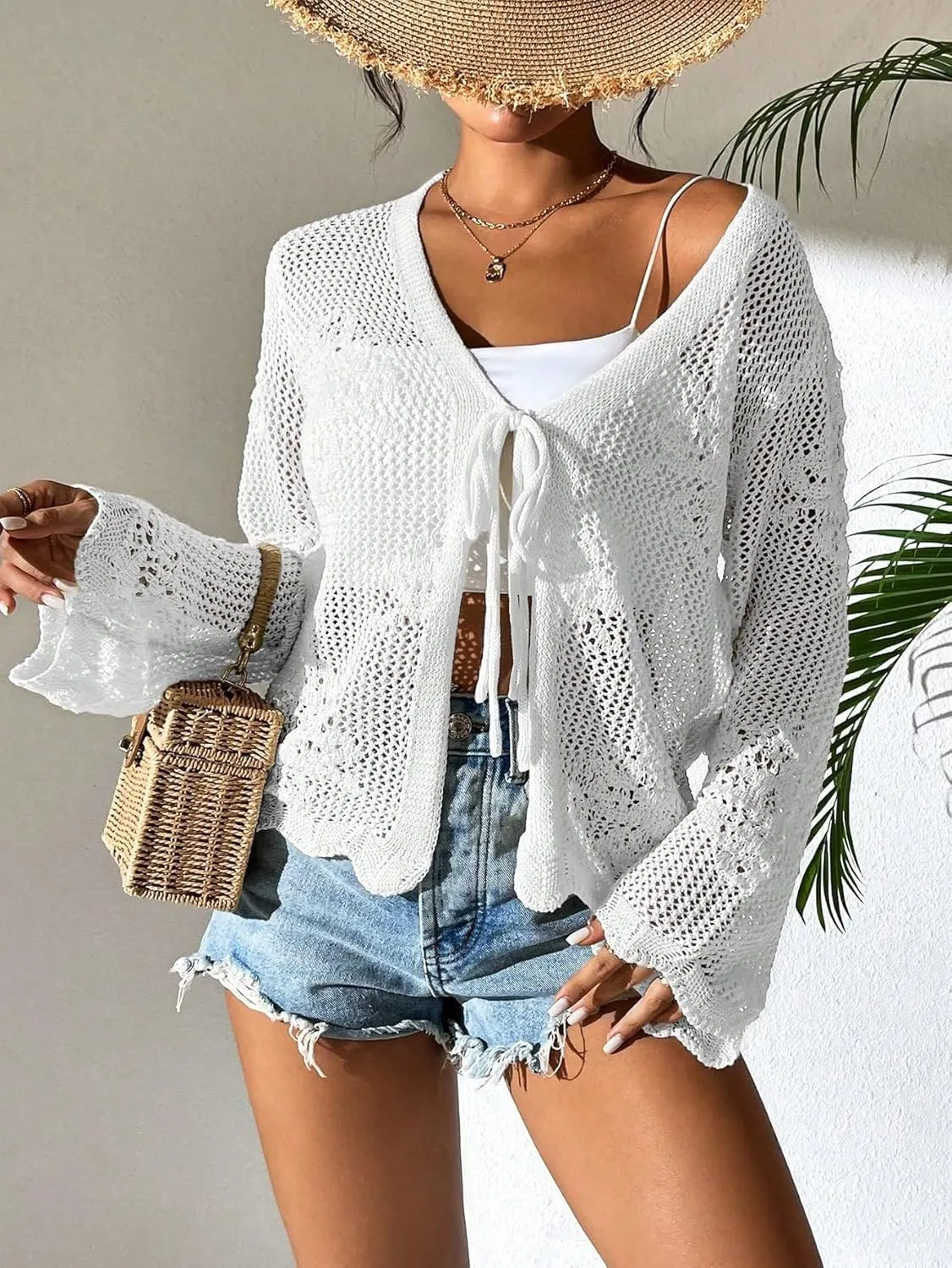 Milumia Women's Tie Front Hollow Out Crochet Light Weight Long Sleeve Cardigans