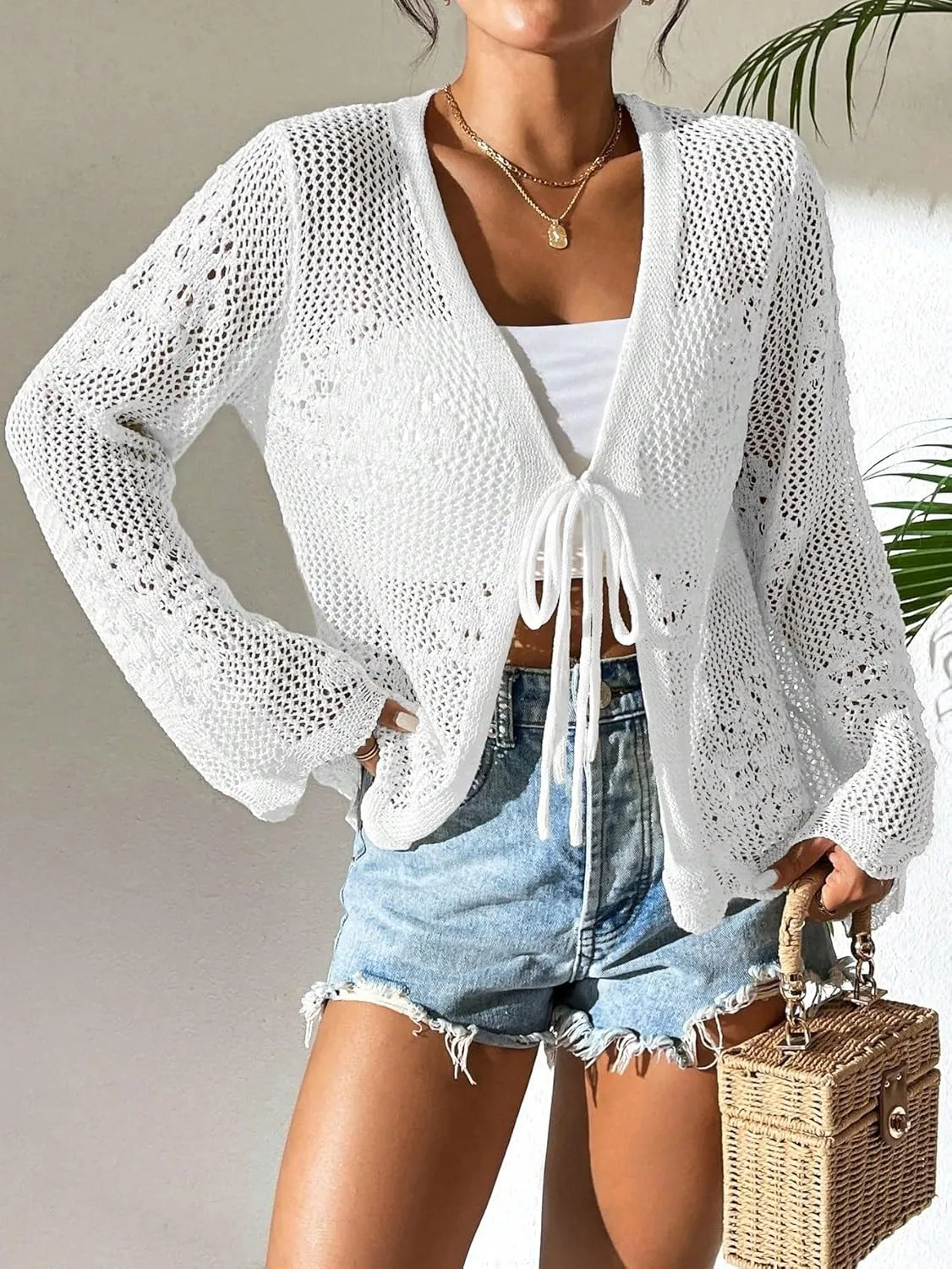Milumia Women's Tie Front Hollow Out Crochet Light Weight Long Sleeve Cardigans