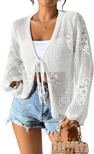 Milumia Women's Tie Front Hollow Out Crochet Light Weight Long Sleeve Cardigans