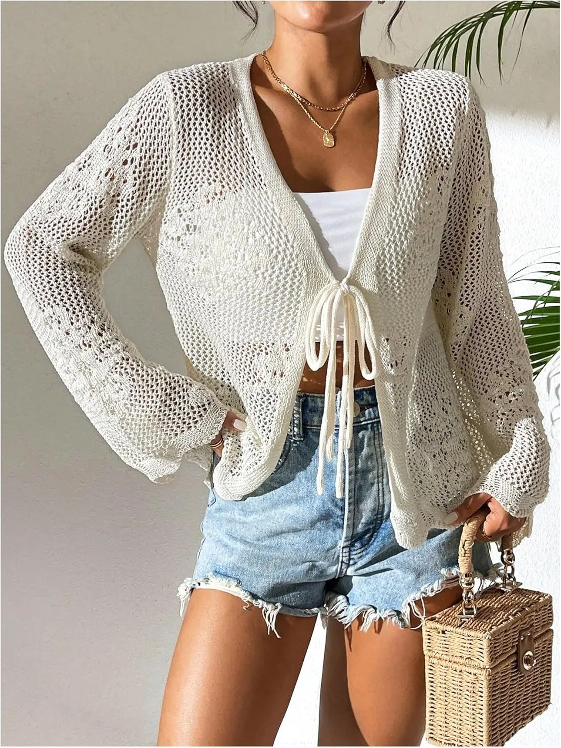 Milumia Women's Tie Front Hollow Out Crochet Light Weight Long Sleeve Cardigans