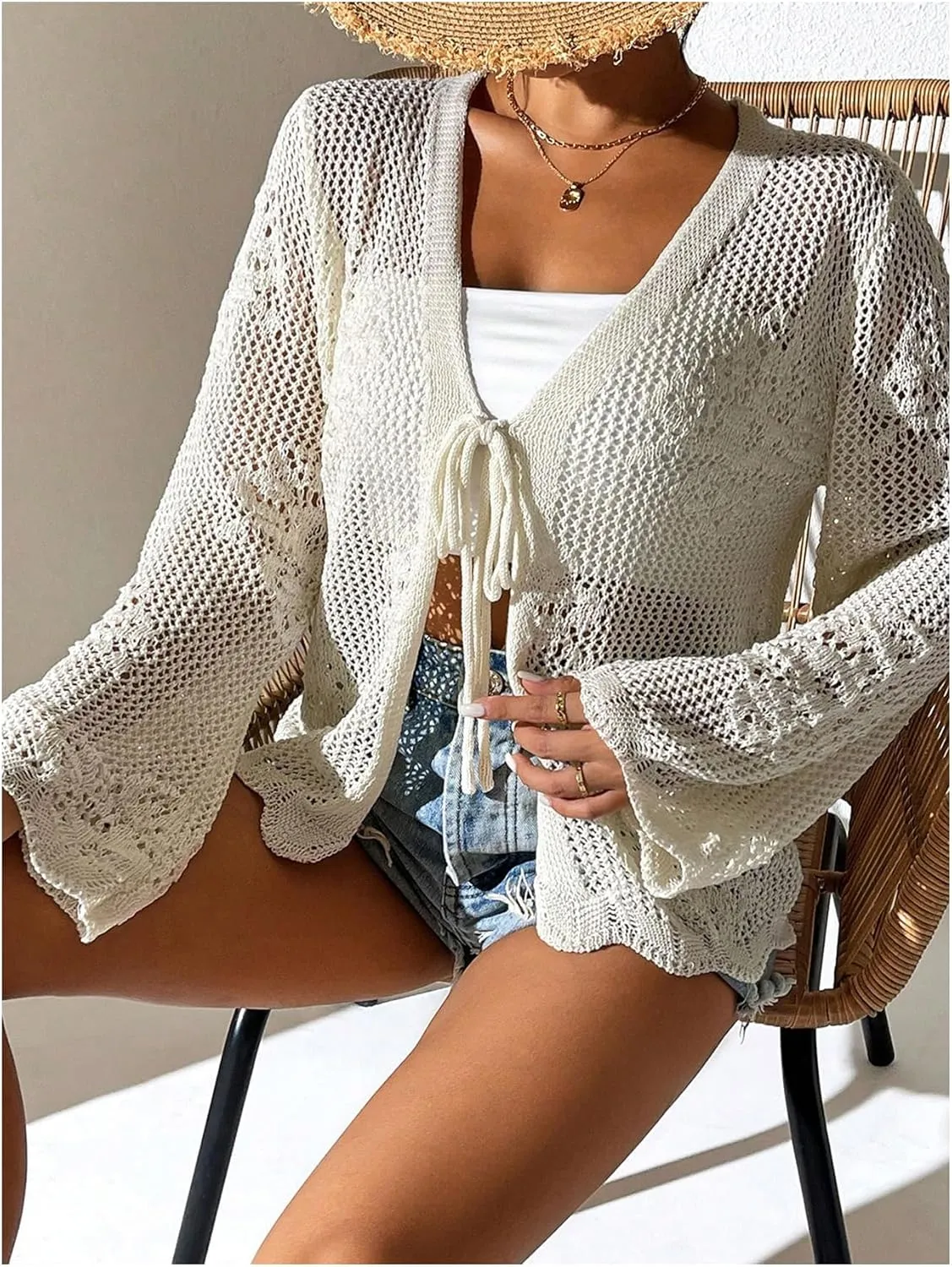 Milumia Women's Tie Front Hollow Out Crochet Light Weight Long Sleeve Cardigans