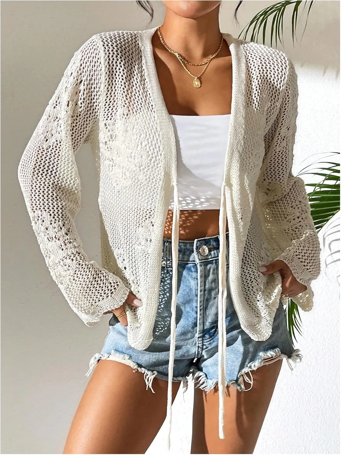 Milumia Women's Tie Front Hollow Out Crochet Light Weight Long Sleeve Cardigans