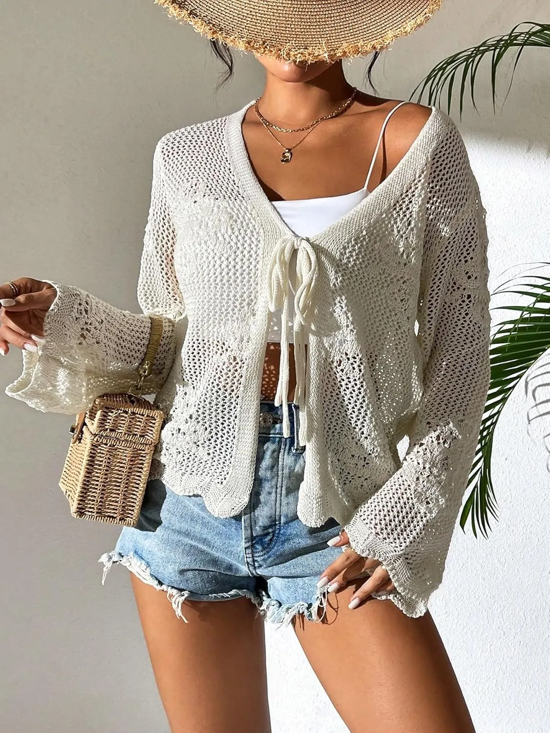 Milumia Women's Tie Front Hollow Out Crochet Light Weight Long Sleeve Cardigans