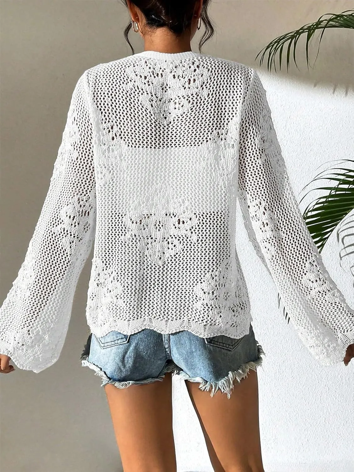 Milumia Women's Tie Front Hollow Out Crochet Light Weight Long Sleeve Cardigans