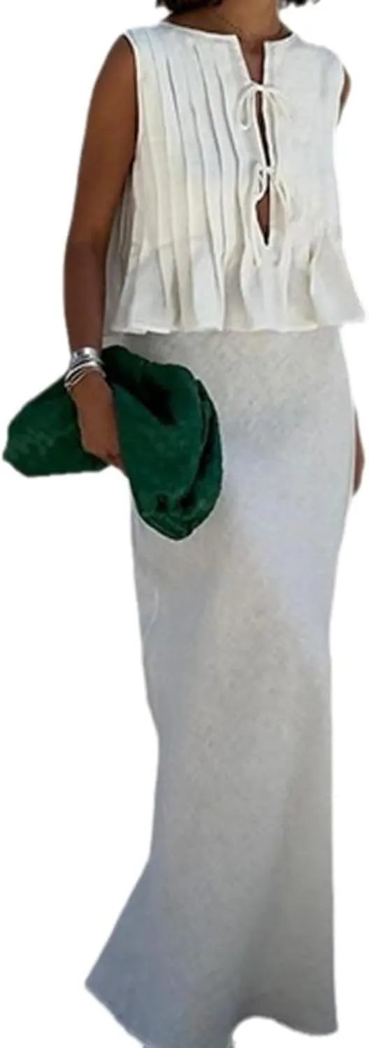 MOLERFO Linen Two Piece Set Women Tie Front Top Linen Maxi Skirt Set Matching Set Y2k Sleeveless Vest (White,Small)